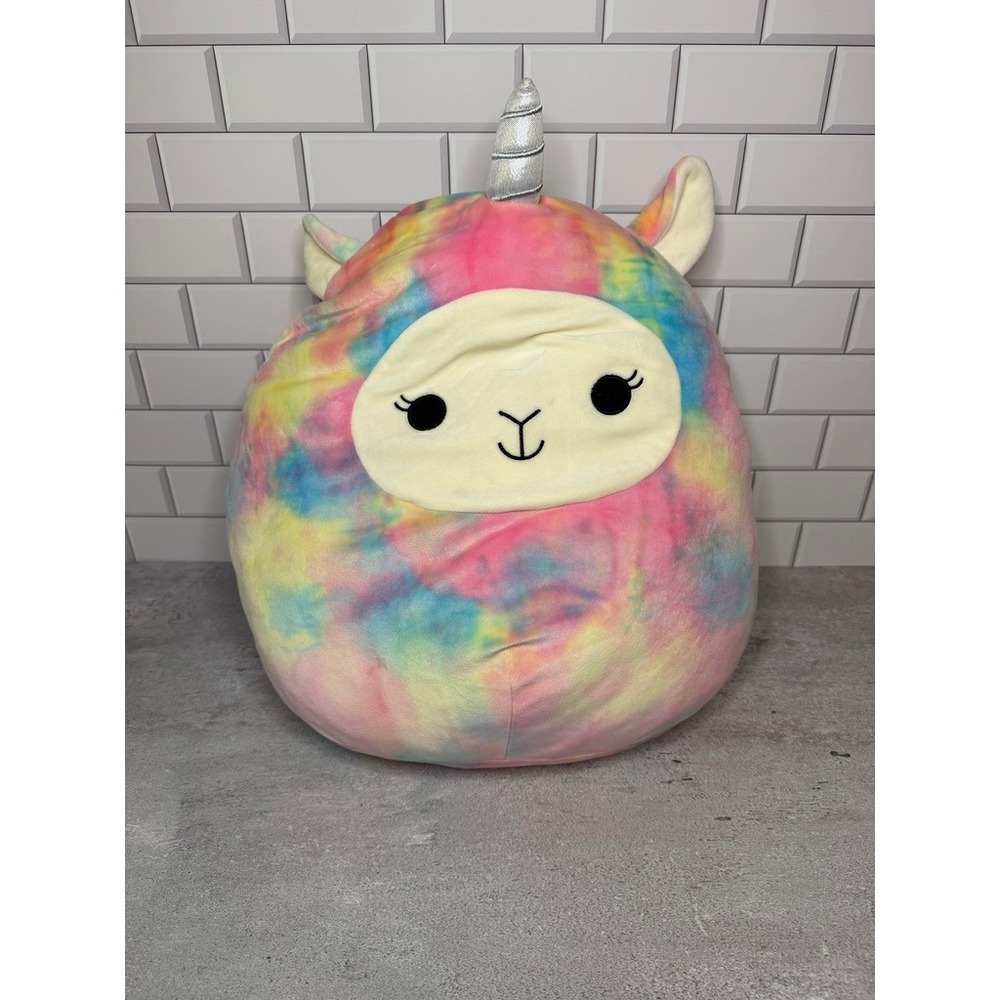 Squishmallows Lucy-May 16 Inch Rainbow Tie Dye Llamacorn Plush Silver Horn Wings